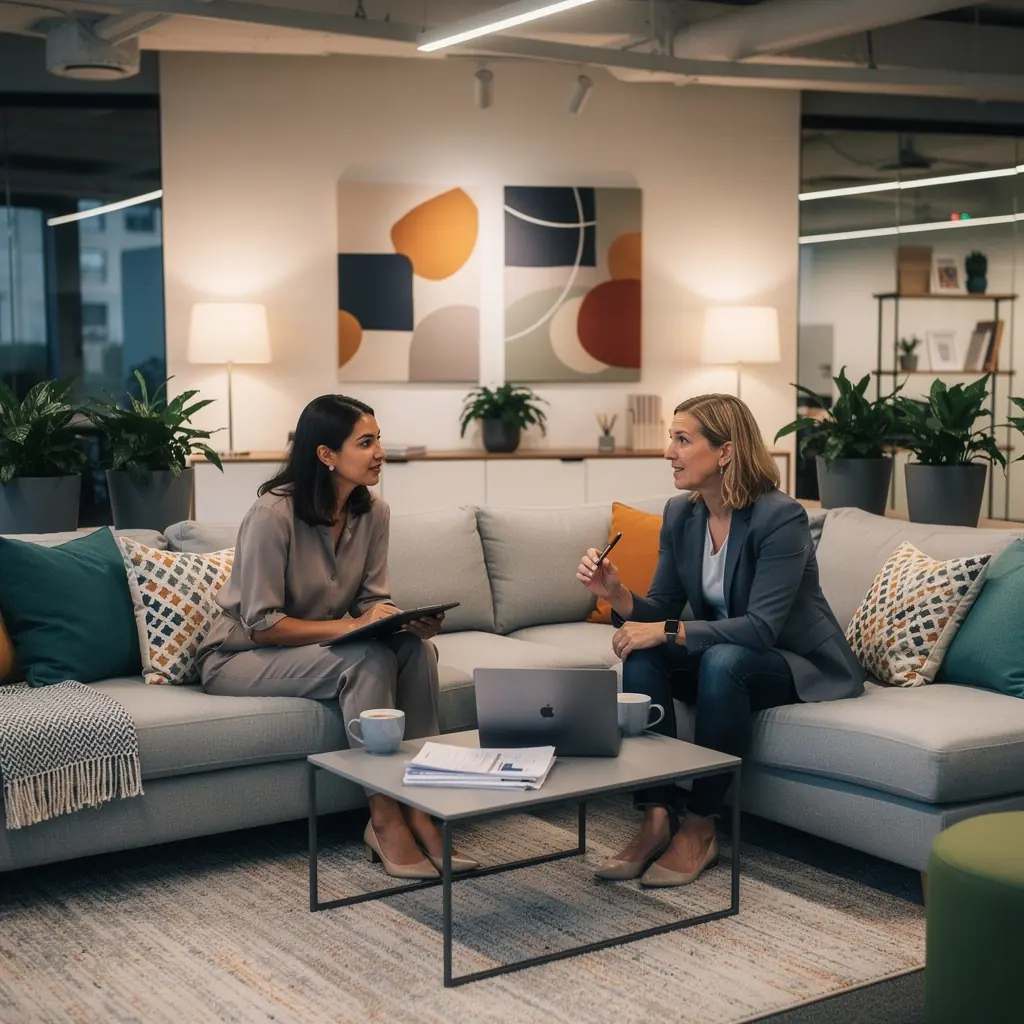 Biuro z ergonomicznymi meblami i jasno wyznaczonymi ścieżkami poruszania się.